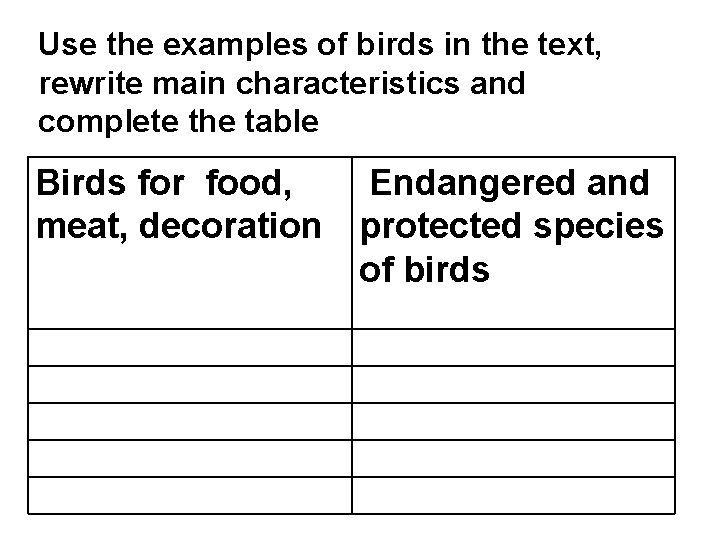 Use the examples of birds in the text, rewrite main characteristics and complete the