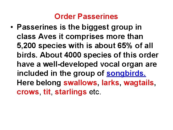 Order Passerines • Passerines is the biggest group in class Aves it comprises more
