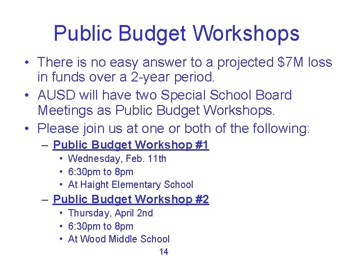 Public Budget Workshops • There is no easy answer to a projected $7 M