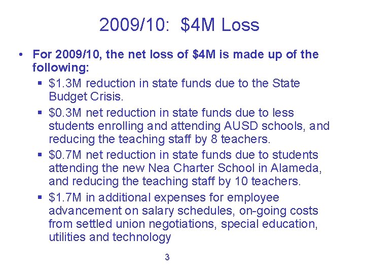 2009/10: $4 M Loss • For 2009/10, the net loss of $4 M is