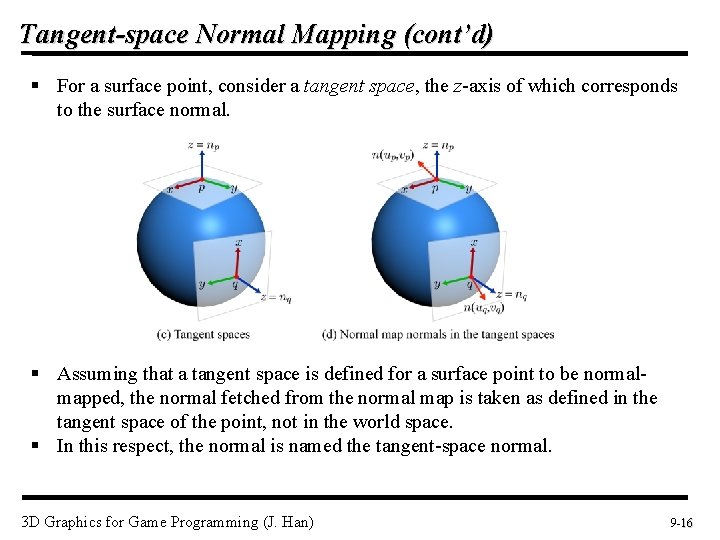 Tangent-space Normal Mapping (cont’d) § For a surface point, consider a tangent space, the