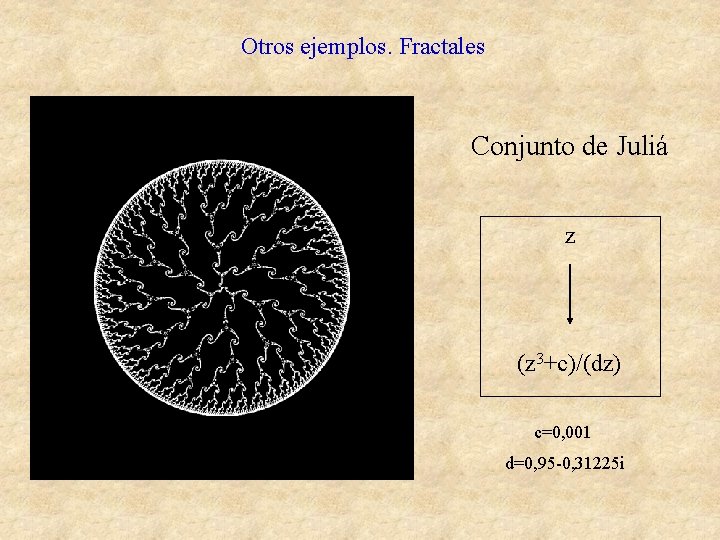 Otros ejemplos. Fractales Conjunto de Juliá z (z 3+c)/(dz) c=0, 001 d=0, 95 -0,