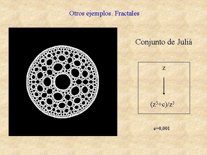 Otros ejemplos. Fractales Conjunto de Juliá z (z 5+c)/z 3 c=0, 001 