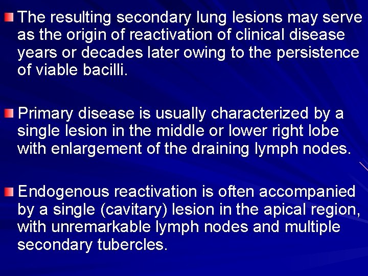 The resulting secondary lung lesions may serve as the origin of reactivation of clinical
