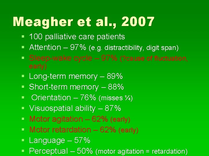 Meagher et al. , 2007 § 100 palliative care patients § Attention – 97%