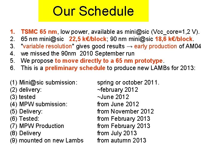 Our Schedule 1. 2. 3. 4. 5. 6. TSMC 65 nm, low power, available