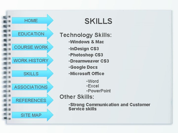 HOME EDUCATION COURSE WORK HISTORY SKILLS ASSOCIATIONS REFERENCES SITE MAP SKILLS Technology Skills: •