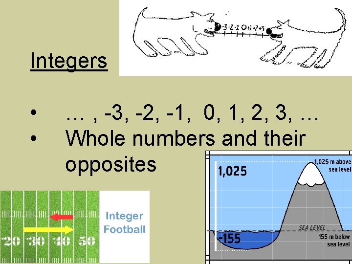 Integers • • … , -3, -2, -1, 0, 1, 2, 3, … Whole