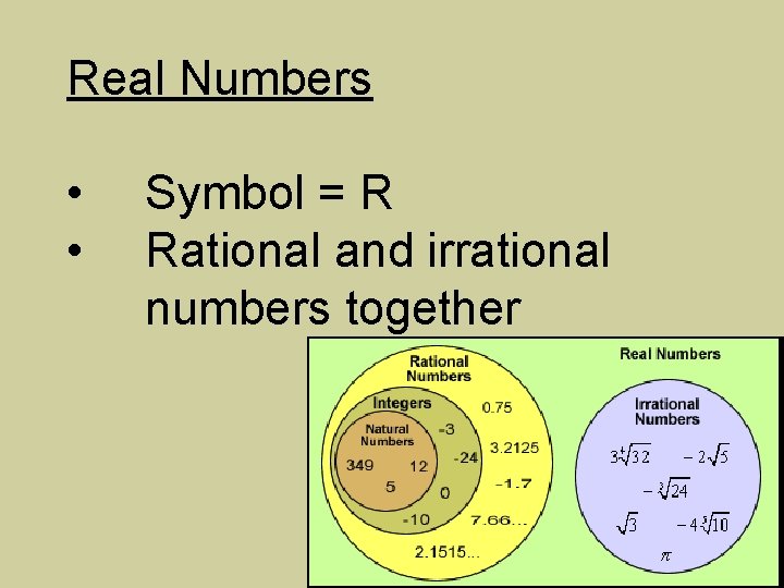 Real Numbers • • Symbol = R Rational and irrational numbers together 