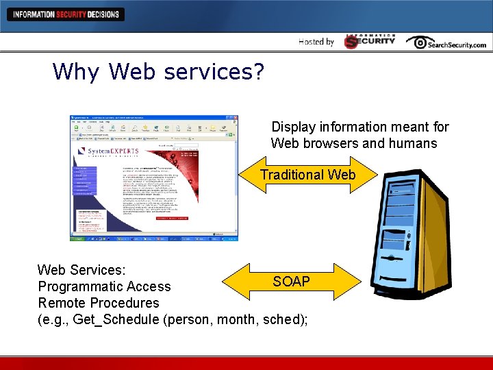 Why Web services? Display information meant for Web browsers and humans Traditional Web Services: