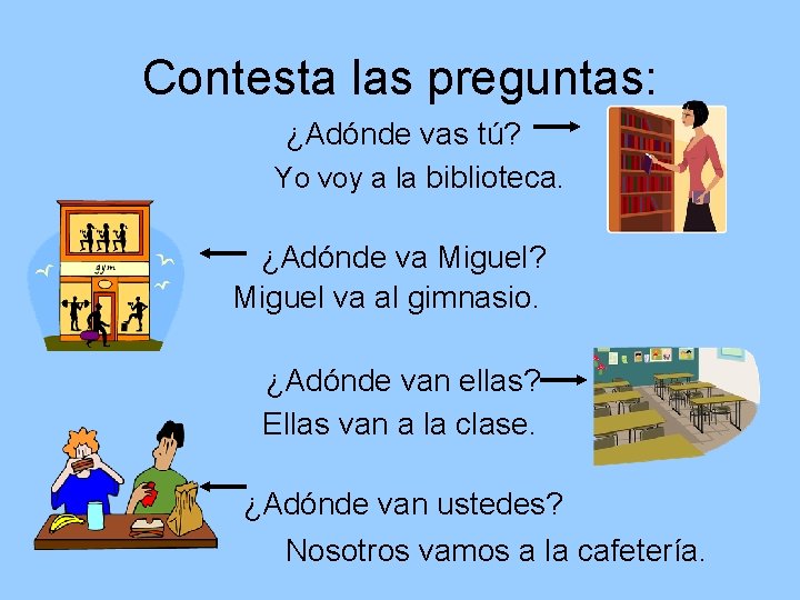 Contesta las preguntas: ¿Adónde vas tú? Yo voy a la biblioteca. ¿Adónde va Miguel?
