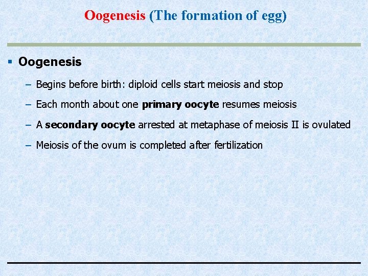 Oogenesis (The formation of egg) § Oogenesis – Begins before birth: diploid cells start