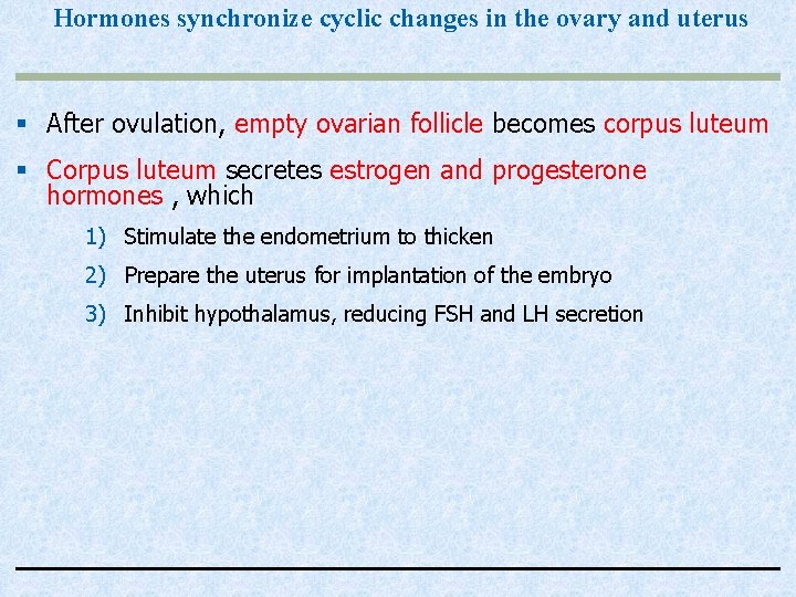 Hormones synchronize cyclic changes in the ovary and uterus § After ovulation, empty ovarian