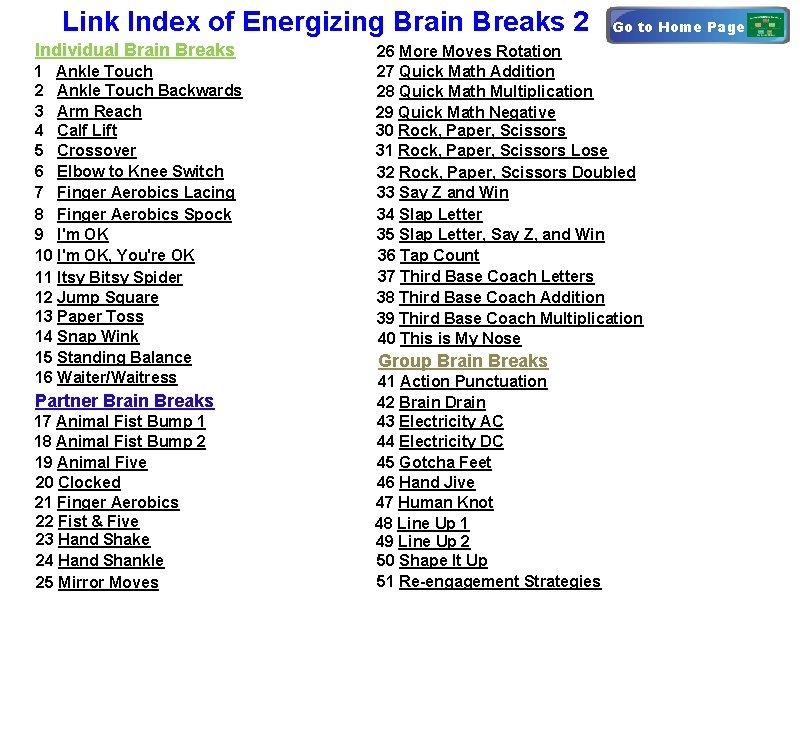 Link Index of Energizing Brain Breaks 2 Individual Brain Breaks 1 Ankle Touch 2