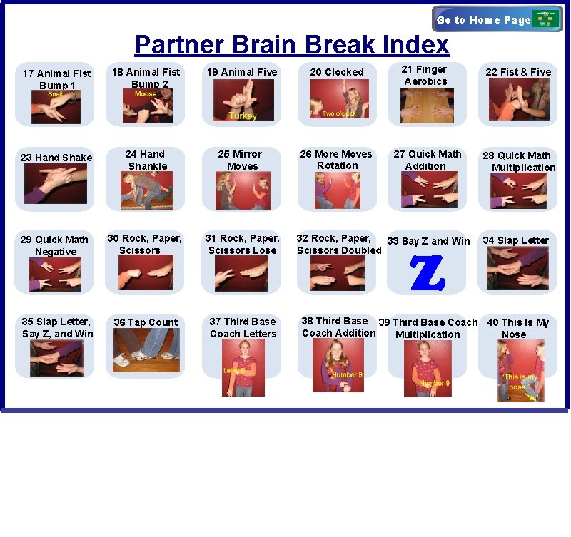 Go to Home Page Partner Brain Break Index 17 Animal Fist Bump 1 18