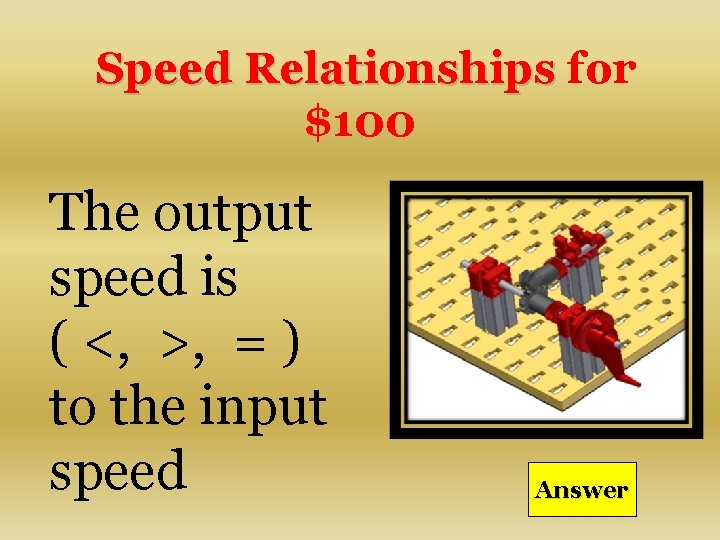 Speed Relationships for $100 The output speed is ( <, >, = ) to