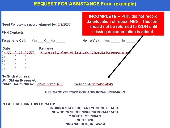 REQUEST FOR ASSISTANCE Form (example) Need Follow-up report returned by: 5/9/2007 PHN Contacts: INCOMPLETE