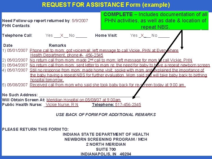 REQUEST FOR ASSISTANCE Form (example) Need Follow-up report returned by: 5/9/2007 PHN Contacts: Telephone