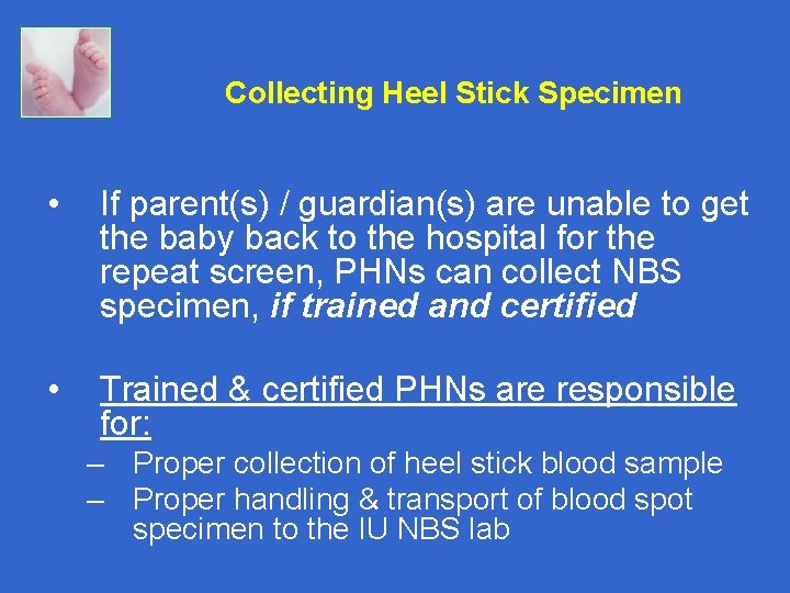 Collecting Heel Stick Specimen • If parent(s) / guardian(s) are unable to get the