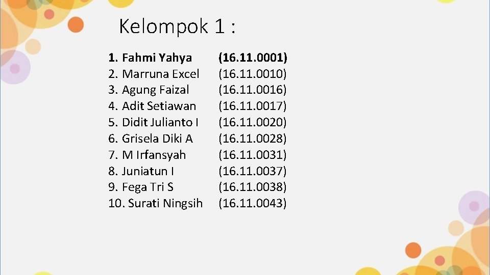 Kelompok 1 : 1. Fahmi Yahya 2. Marruna Excel 3. Agung Faizal 4. Adit