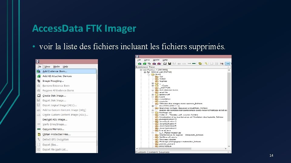 Access. Data FTK Imager • voir la liste des fichiers incluant les fichiers supprimés.