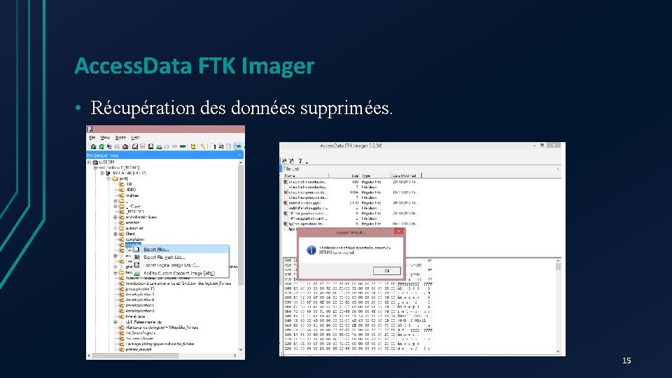 Access. Data FTK Imager • Récupération des données supprimées. 15 
