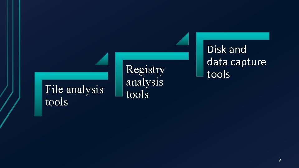 File analysis tools Registry analysis tools Disk and data capture tools 8 