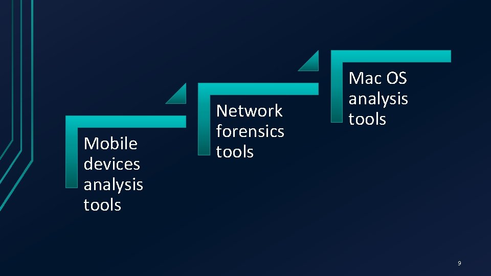 Mobile devices analysis tools Network forensics tools Mac OS analysis tools 9 