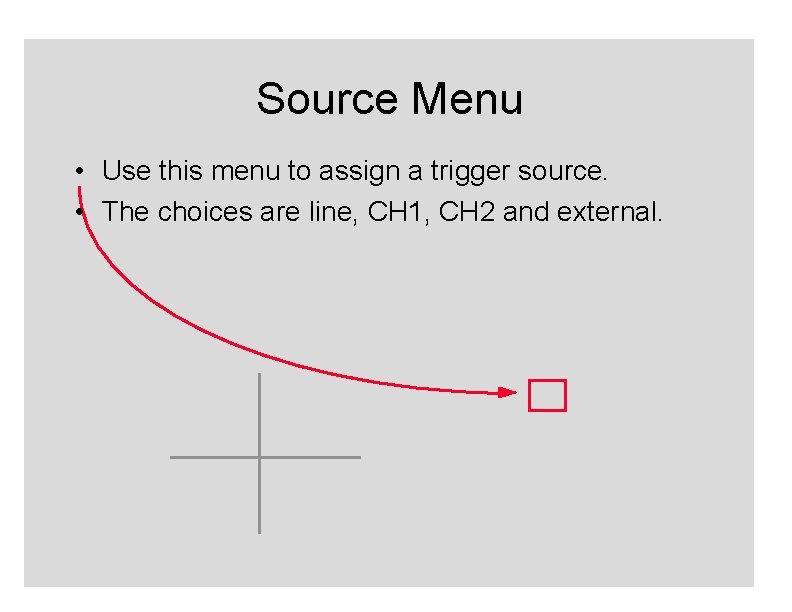 Source Menu • Use this menu to assign a trigger source. • The choices