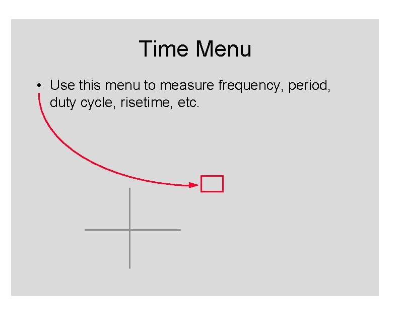 Time Menu • Use this menu to measure frequency, period, duty cycle, risetime, etc.