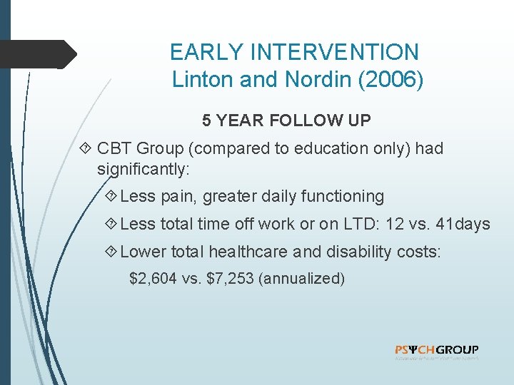 EARLY INTERVENTION Linton and Nordin (2006) 5 YEAR FOLLOW UP CBT Group (compared to