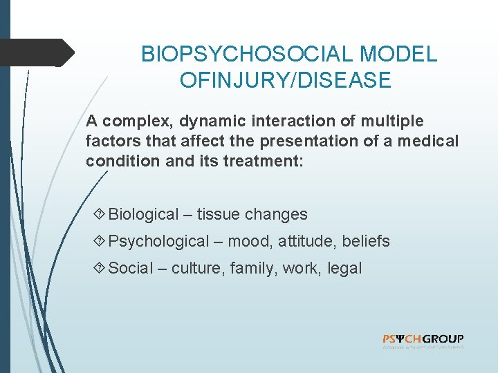 BIOPSYCHOSOCIAL MODEL OFINJURY/DISEASE A complex, dynamic interaction of multiple factors that affect the presentation