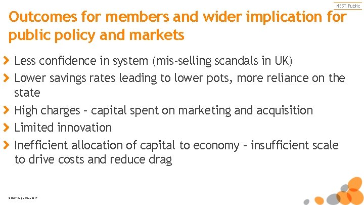 NEST Public Outcomes for members and wider implication for public policy and markets Less