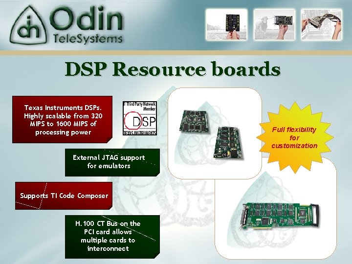 DSP Resource boards Texas Instruments DSPs. Highly scalable from 320 MIPS to 1600 MIPS