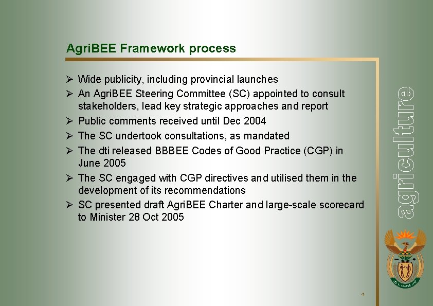 Agri. BEE Framework process Ø Wide publicity, including provincial launches Ø An Agri. BEE