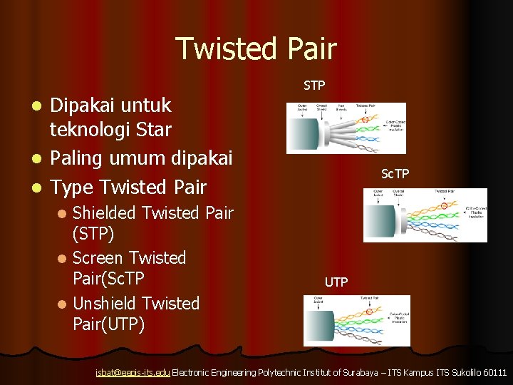 Twisted Pair l l l Dipakai untuk teknologi Star Paling umum dipakai Type Twisted