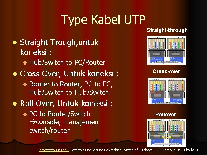 Type Kabel UTP Straight-through l Straight Trough, untuk koneksi : l l Cross Over,