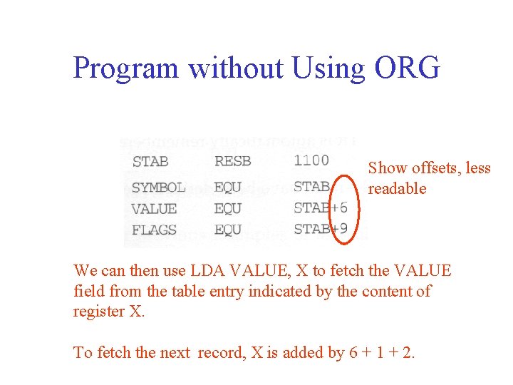 Program without Using ORG Show offsets, less readable We can then use LDA VALUE,