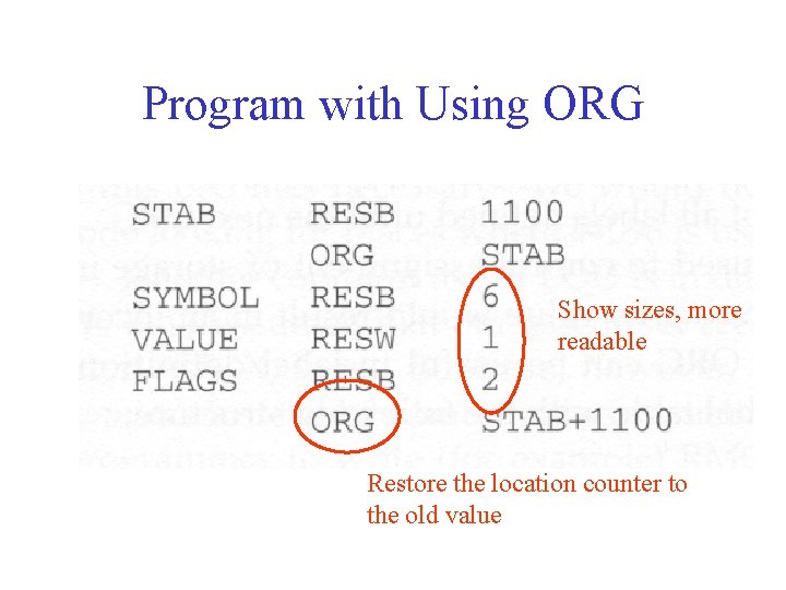 Program with Using ORG Show sizes, more readable Restore the location counter to the