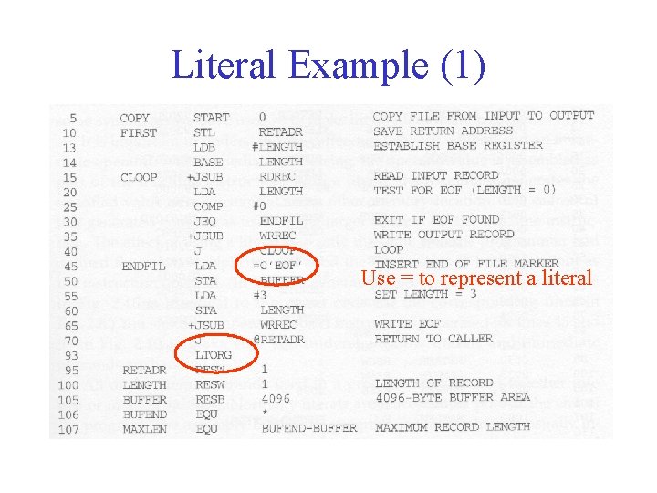 Literal Example (1) Use = to represent a literal 