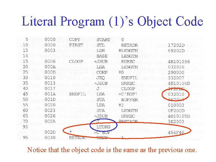 Literal Program (1)’s Object Code Notice that the object code is the same as