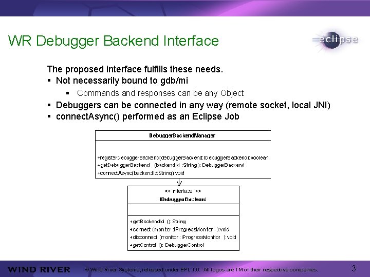 WR Debugger Backend Interface The proposed interface fulfills these needs. § Not necessarily bound