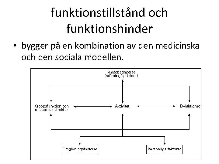 funktionstillstånd och funktionshinder • bygger på en kombination av den medicinska och den sociala