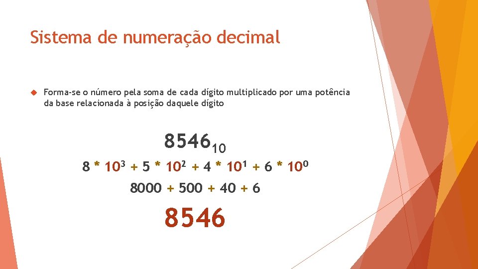 Sistema de numeração decimal Forma-se o número pela soma de cada dígito multiplicado por