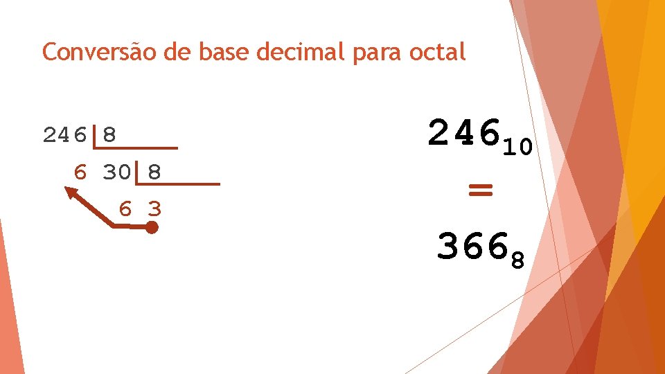 Conversão de base decimal para octal 246 8 6 30 8 6 3 24610