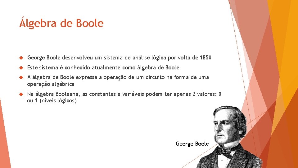 Álgebra de Boole George Boole desenvolveu um sistema de análise lógica por volta de