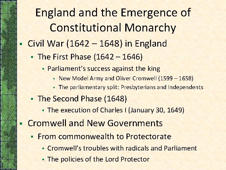 England the Emergence of Constitutional Monarchy § Civil War (1642 – 1648) in England