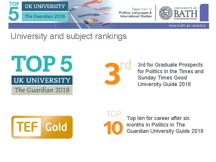 www. bath. ac. uk/polis University and subject rankings 3 rd for Graduate Prospects for