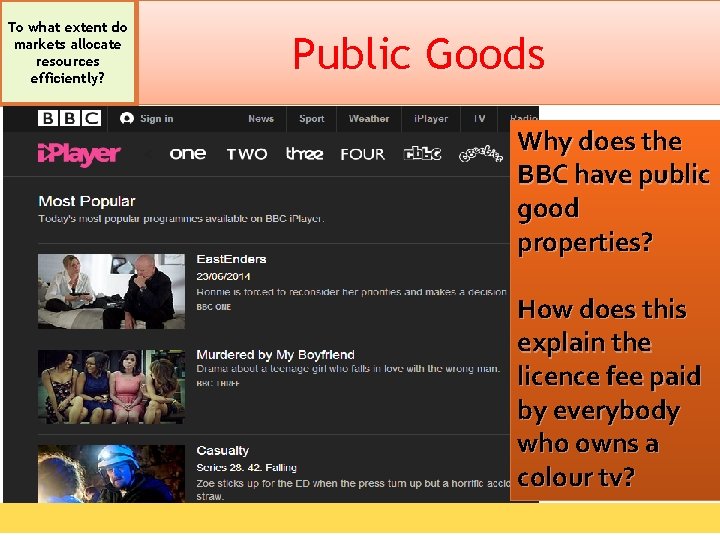 To what extent do markets allocate resources efficiently? Public Goods Why does the BBC