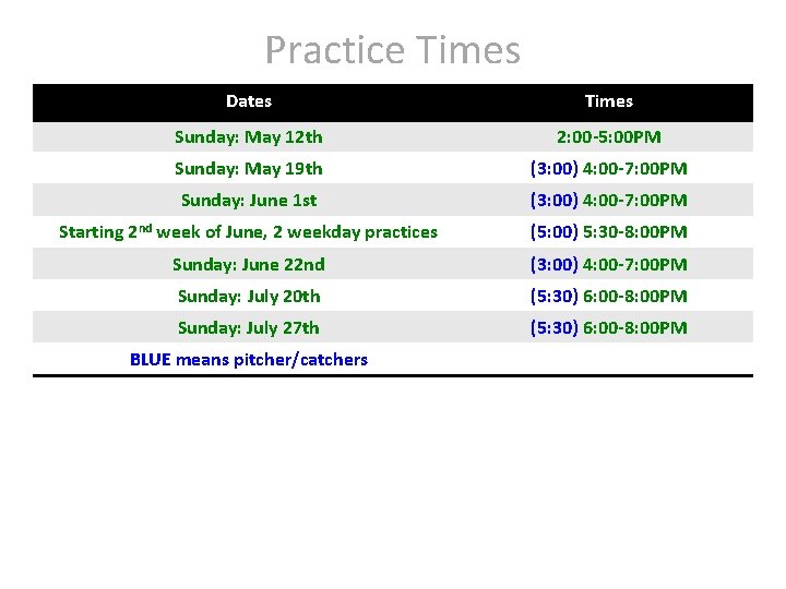 Practice Times Dates Times Sunday: May 12 th 2: 00 -5: 00 PM Sunday: